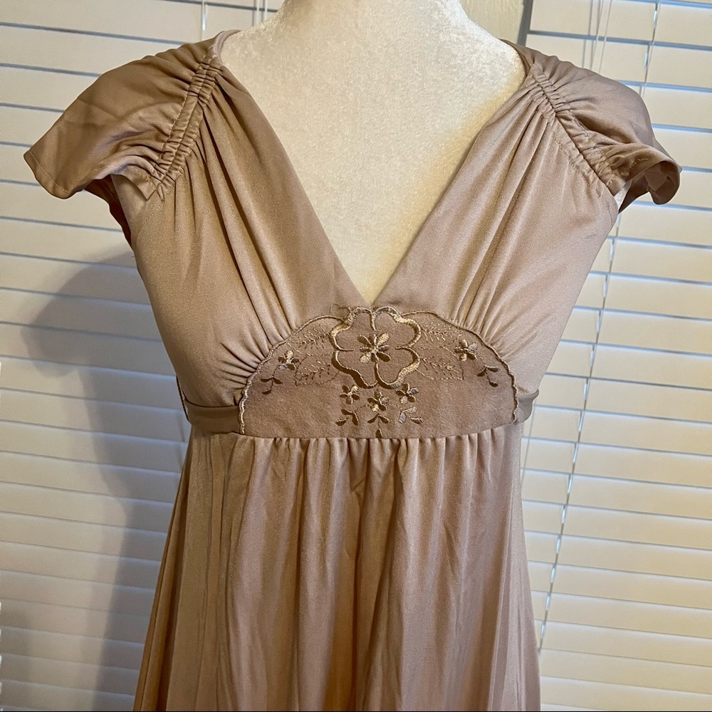 Vintage 50s Vicky Vaughn Size 7 Tan Maxi Dress Cap Sleeve Cottagecore Grannycore